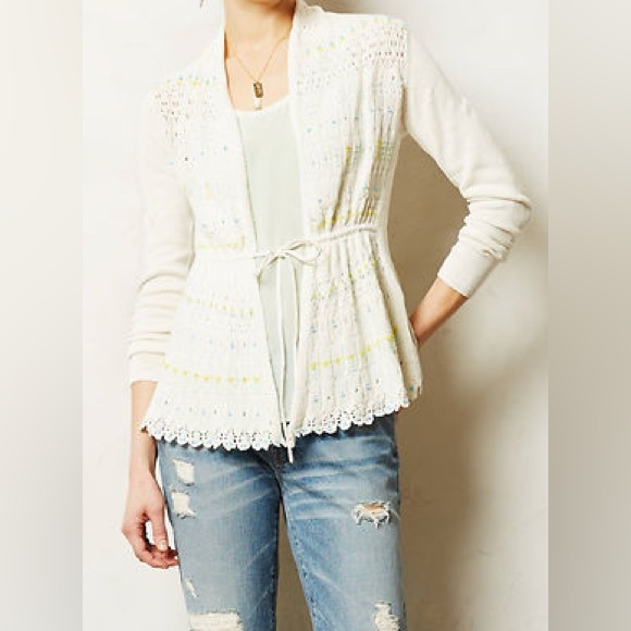 Moth Sweaters - Moth by Anthropologie Lazuli Linen blended Crochet Embroidered Tie Front Cardi